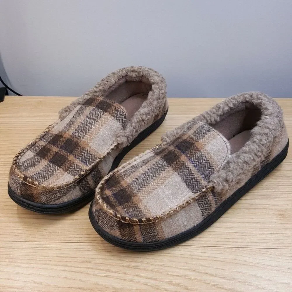 ISOTONER Slippers Mens Size 11 12 Tan Plaid Slip On Plush Lined Gel Memory Foam